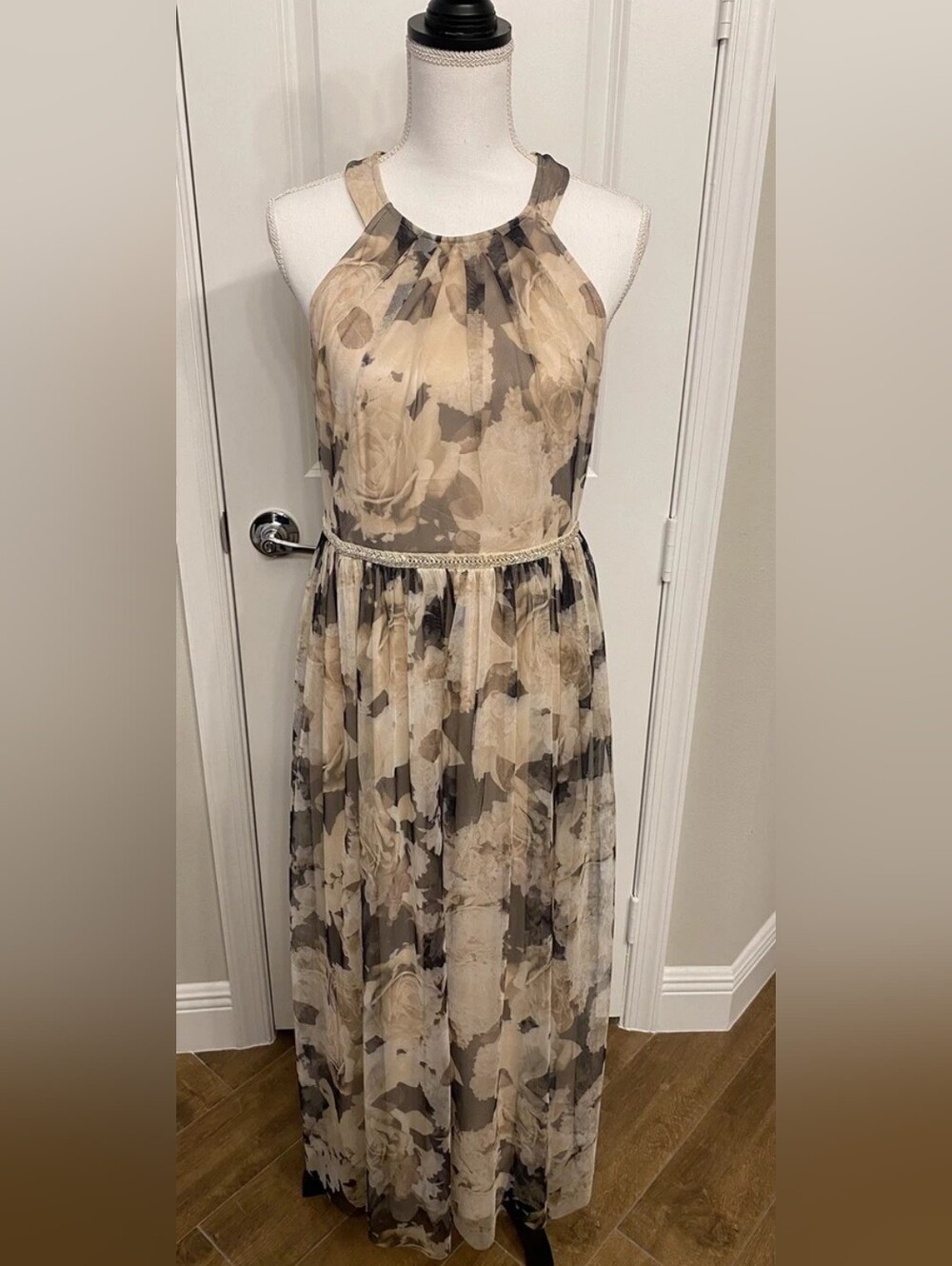 Floral Halter Maxi Dress in Beige and Gray by Candie's